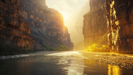 In the canyon, a wide river flows between towering cliffs. The sun shines on both sides of the walls and reflects in the water surface.  - Powered by Adobe