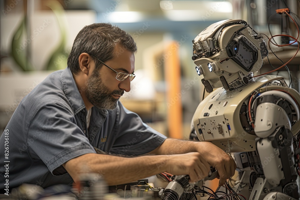 Aufkleber a man working on a robot in a factory, A man is engaged in constructing a robot within a manufacturing facility.
