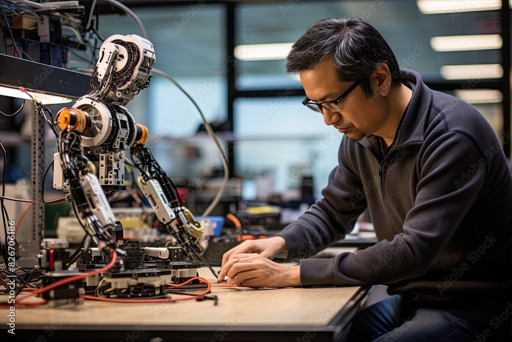 Fototapete a man working on a robot in a factory, A man is engaged in constructing a robot within a manufacturing facility.