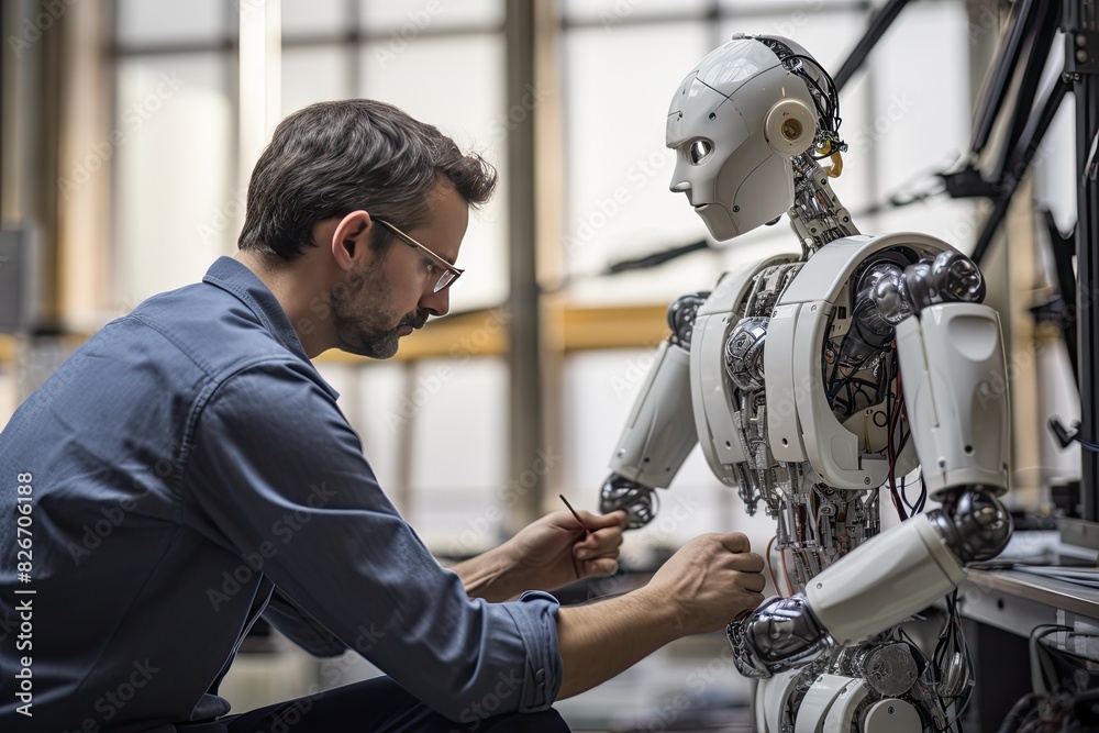Aufkleber a man working on a robot in a factory, A man is engaged in constructing a robot within a manufacturing facility.