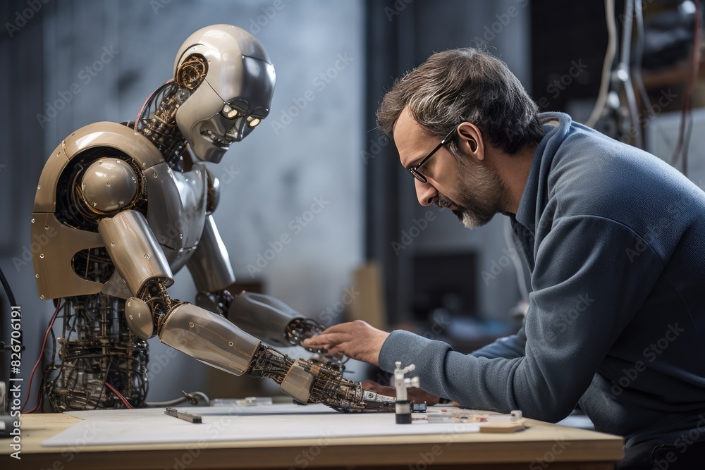 Aufkleber a man working on a robot in a factory, A man is engaged in constructing a robot within a manufacturing facility.