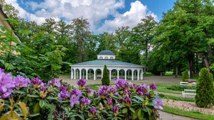 Pavilion of cold mineral water spring Luisa in the small Czech UNESCO spa town Frantiskovy Lazne...