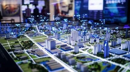 A digital twin model of a city displayed on a large screen, used for urban planning and disaster management, connected through a network of sensors and data points