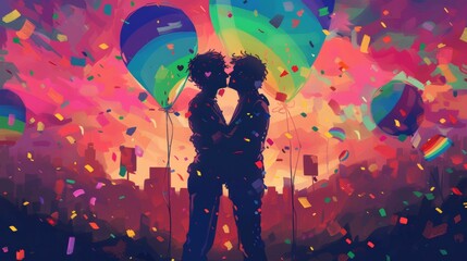 Illustrate a touching moment of a same gender couple embracing during a Pride parade, with rainbow flags and love is love signs in the background, symbolizing acceptance and unity 