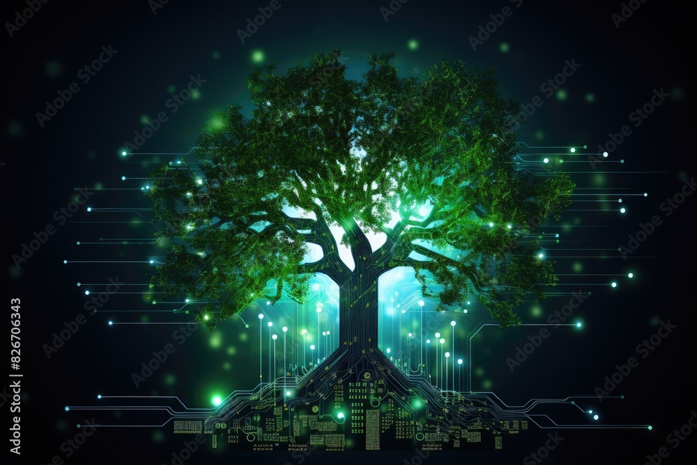 Poster a tree with a circuit board in the background, an image of a tree with a circuit board in the backgr