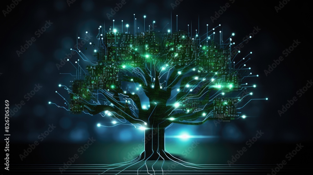 Poster a tree with a circuit board in the background, An image of a tree with a circuit board in the background is displayed.