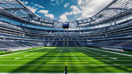 A sports stadium with smart seating, interactive displays, and connected facilities, showcasing the integration of intelligence and networking in enhancing the fan experience