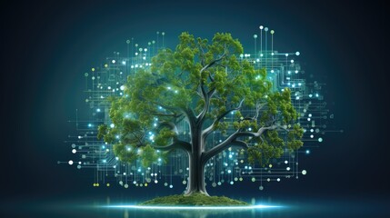 a tree with a circuit board in the background, An image of a tree with a circuit board in the background is displayed.