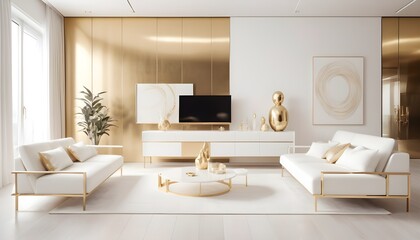 white and gold theme interior modern minimalism photo realism