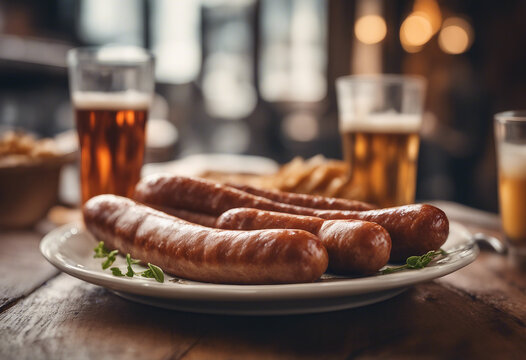 delicious Bratwurst Sausage at restaurant, copy space for text
