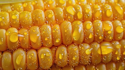 b'Close-up of fresh corn on the cob with water drops'