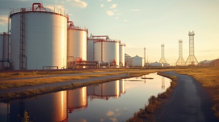 Obraz premium Industrial storage tanks at sunset with reflection in water, serene industrial landscape.