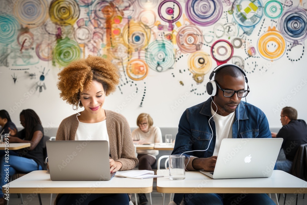 Aufkleber a group of people sitting on a bench with laptops, a collection of individuals seated on a bench, ea