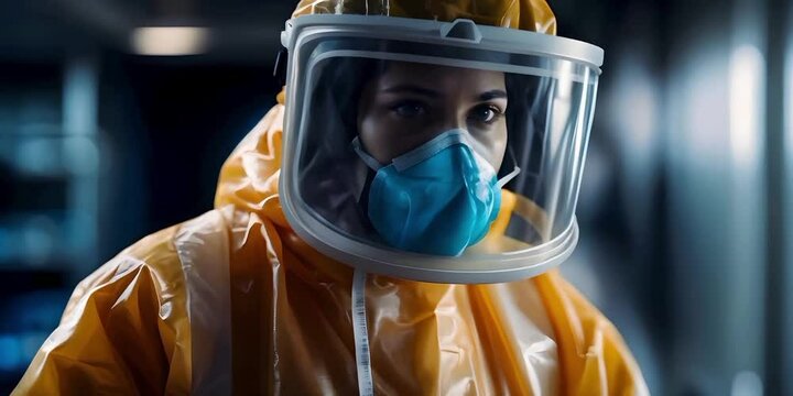 Woman wearing biohazard hazmat suit in a chemical waste factory, pollution and contamination, seamless loop
