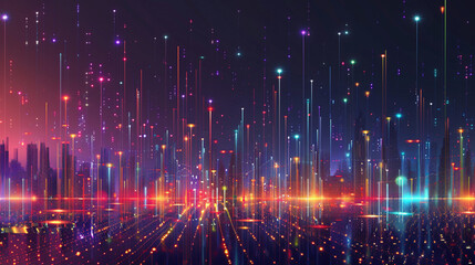 Obraz premium Smart city and abstract dot point connect with gradient line and aesthetic Intricate wave line design, big data connection technology concept