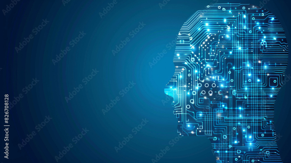 Poster silhouetted human head with illuminated circuit brain against a blue backdrop: an artistic interpret