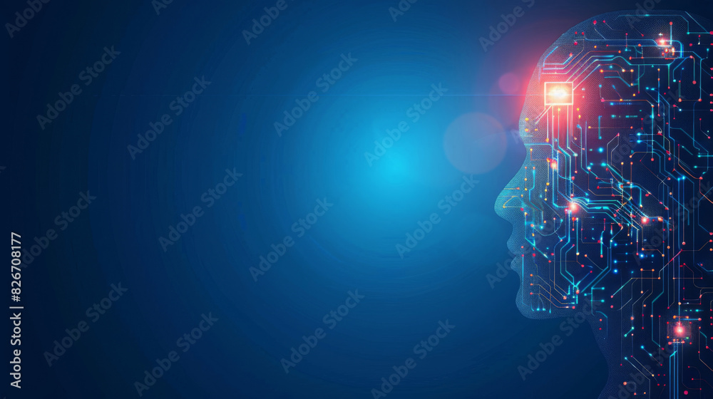 Poster Artificial intelligence represented by digital circuitry in abstract human profile design
