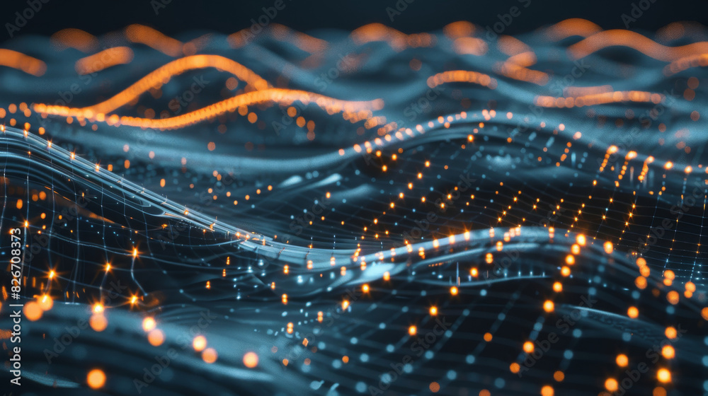 Poster Futuristic technology: illuminated dots in dynamic 3d digital wave pattern