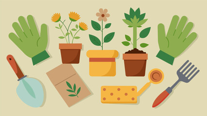 A pair of gardening gloves and a trowel resting on a table surrounded by various herbal seed packets and a sign reading Herbal Gardening Class.. Vector illustration