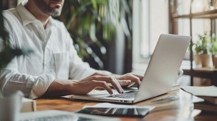 Man working on laptop in cafe. A man working on his laptop in a cafe, enjoying the natural light and greenery.