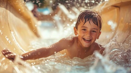 Obraz premium A young boy is playing in a pool, smiling and splashing water