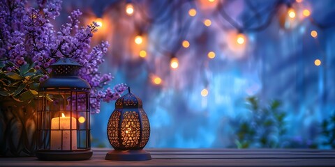 Enhance Ramadan decor with Arabic art spiritual symbols and festive lighting. Concept Ramadan Decor, Arabic Art, Spiritual Symbols, Festive Lighting