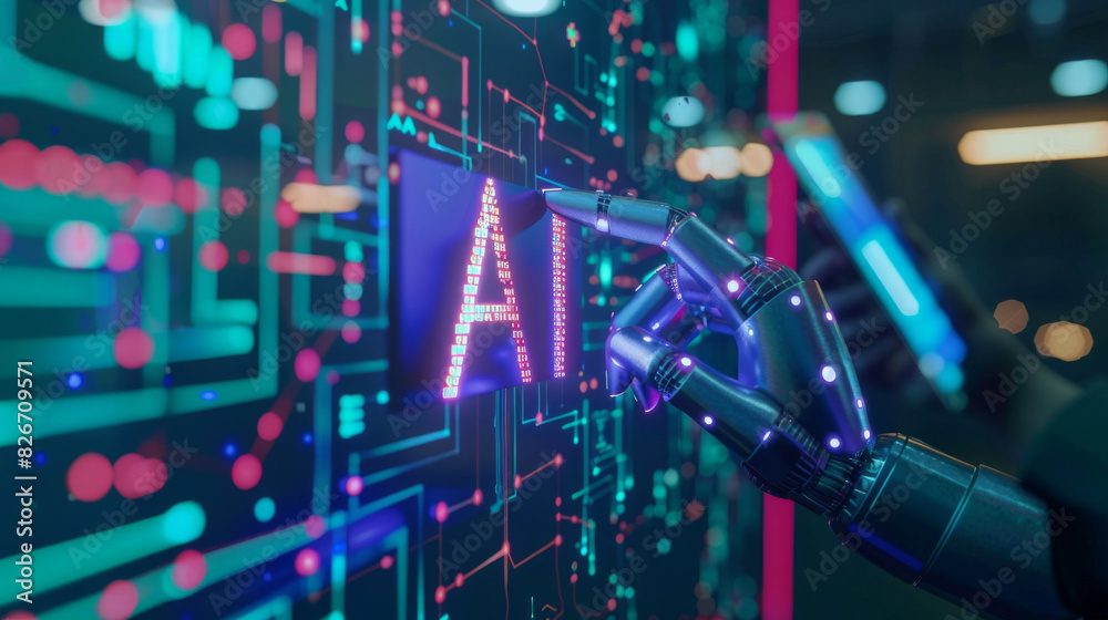 Aufkleber robot hand engaging with holographic ai interface amidst digital circuitry