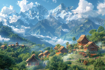 A traditional village nestled in the foothills of towering mountains, showcasing indigenous architecture and customs. Concept of cultural authenticity and heritage. Generative Ai.