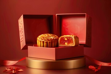 red background. Mooncake. Beautiful rich packaging. Chinese gift. Mid-Autumn Full Moon Festival.