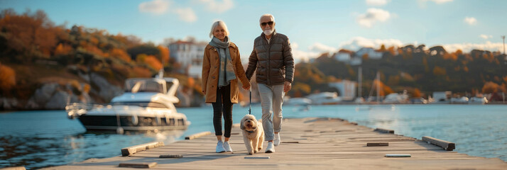 An adult couple enjoys a leisurely walk on the pier with their dog, embracing the beauty of nature together