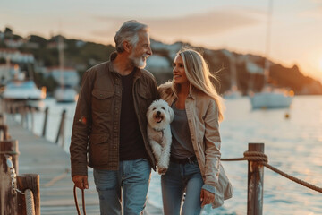 A senior couple enjoys a walk on the pier with their dog, sharing affection and togetherness
