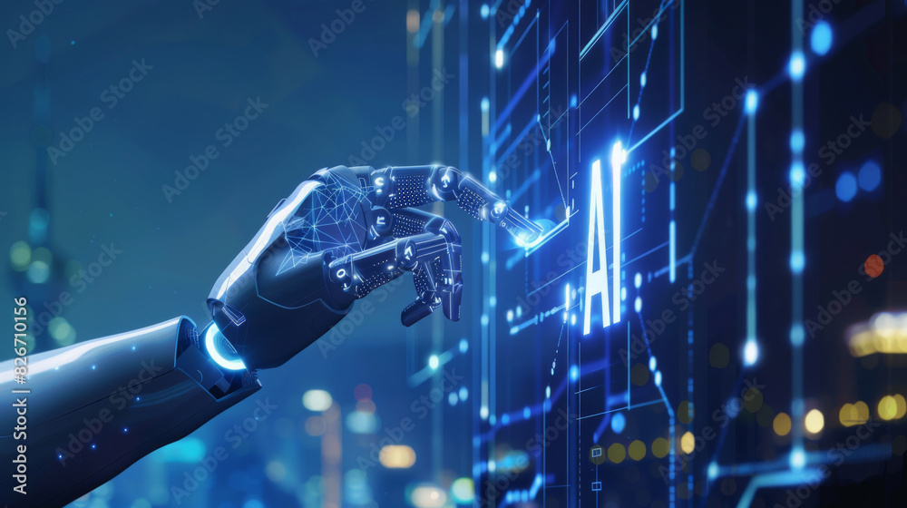 Aufkleber Advanced robotic hand touching virtual screen with glowing data graphs in a technology concept image