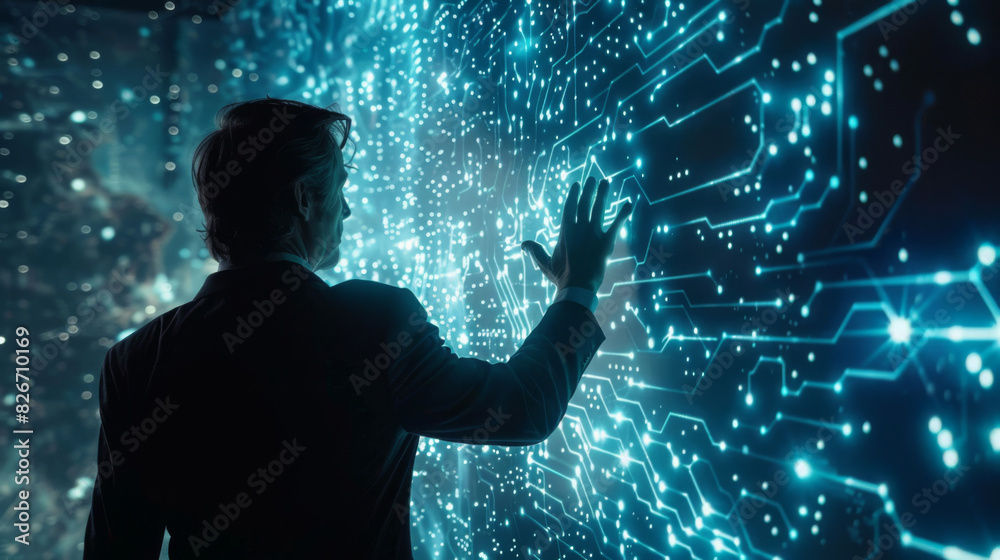 Poster Businessman touches a digital interface with glowing circuit patterns, depicting advanced technology use