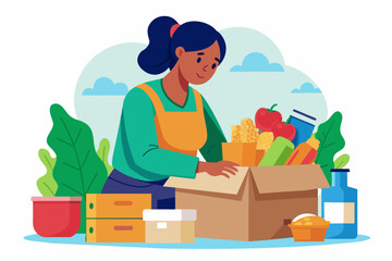 Faceless woman packing food as donations. Humanitarian aid organization. Grocery for needy and poor people. Preparing boxes for charity, flat illustration
