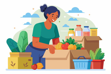 Faceless woman packing food as donations. Humanitarian aid organization. Grocery for needy and poor people. Preparing boxes for charity, flat illustration