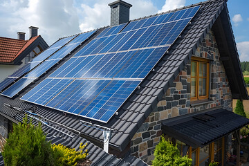 Solar panels installed on the roof rooftop of a residential modern house. The panels are arranged in rows and efficiently utilize available sunlight.