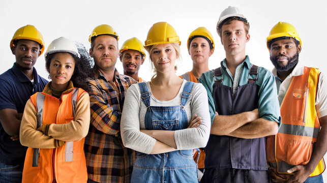 Diverse construction workers team. Confident construction workers from diverse backgrounds stand together with arms crossed, showcasing teamwork and professionalism in the industry.