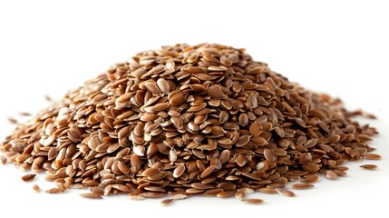 Flax seeds displayed on a white background alternately called Linseed Flaxseed and Common Flax Heap of seeds on a solitary white backdrop