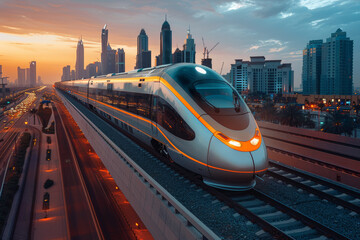 A high-speed train gliding along elevated tracks, connecting cities and regions with efficient rail travel. Concept of intercity mobility and train transportation. Generative Ai.