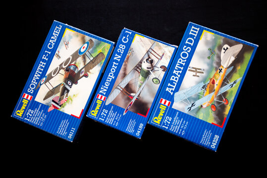 Revell, Sopwith Camel, Nieuport N28, and Albatros D III, Biplane Aircrafts, Old Plastic Model Kit Boxes, on a dark background, on May 16, 2024, in Mar del Plata, Buenos Aires, Argentina.