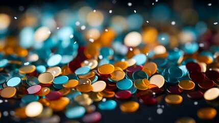 Realistic close-up of brightly colored confetti in motion
