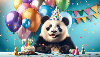 a funny panda animal wearing a festive hat, celebrating its birthday at a party.