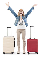 Happy young woman tourist traveling with a trolley suitcase, arms raised in joy. isolated on white...