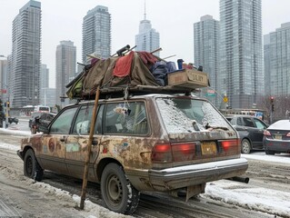 A car is covered in snow and has a pile of clothes on top of it. The car is parked on a snowy road in a city