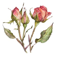 Ultra realistic watercolor style illustration of rosebuds, high detailed, close up, isolated on...