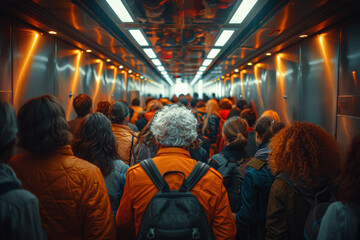 A crowded elevator with people commuting to different floors of a high-rise building, exchanging...