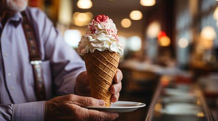 Elderly man working in an ice cream parlor. Elderly worker. Retired working in a business. Active older person.