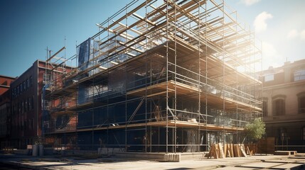 A photo of a building under construction with scaffold