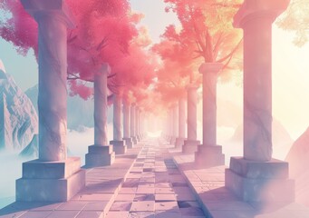 fantasy landscape with pink trees and white marble columns