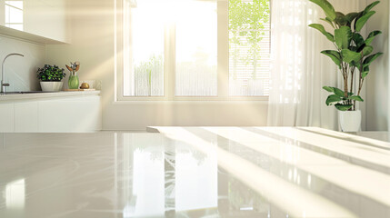 clean kitchen with white counters shines with sunlight, creating bright and inviting atmosphere. The sleek design spotless surfaces reflect the natural light, enhancing the room's airy refreshing feel